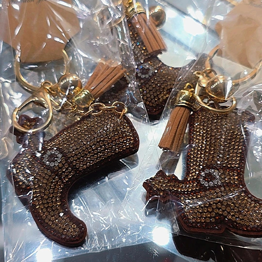 Set of 3 Western Rhinestone Cowboy Boot Keychains with Tassel
